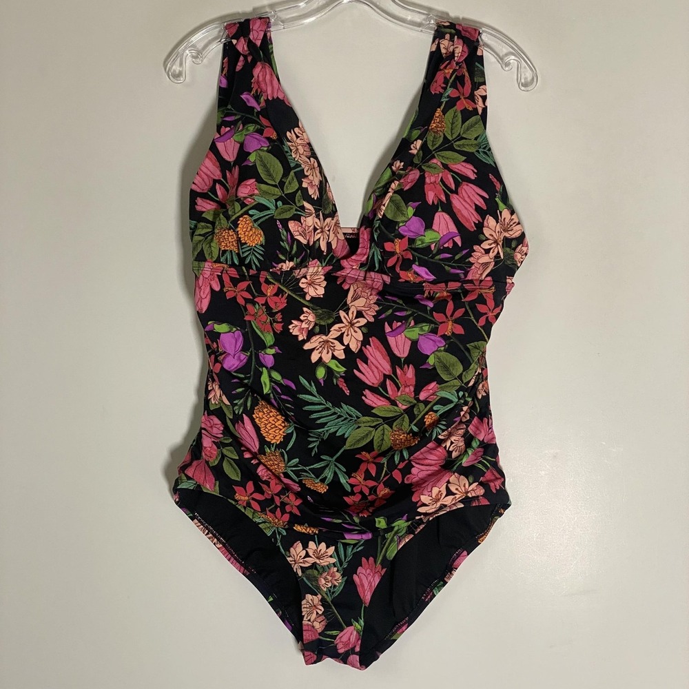 Time And Tru Swimsuit One Piece Womens 1X Black Floral‎ Wide Strap Lined Padded